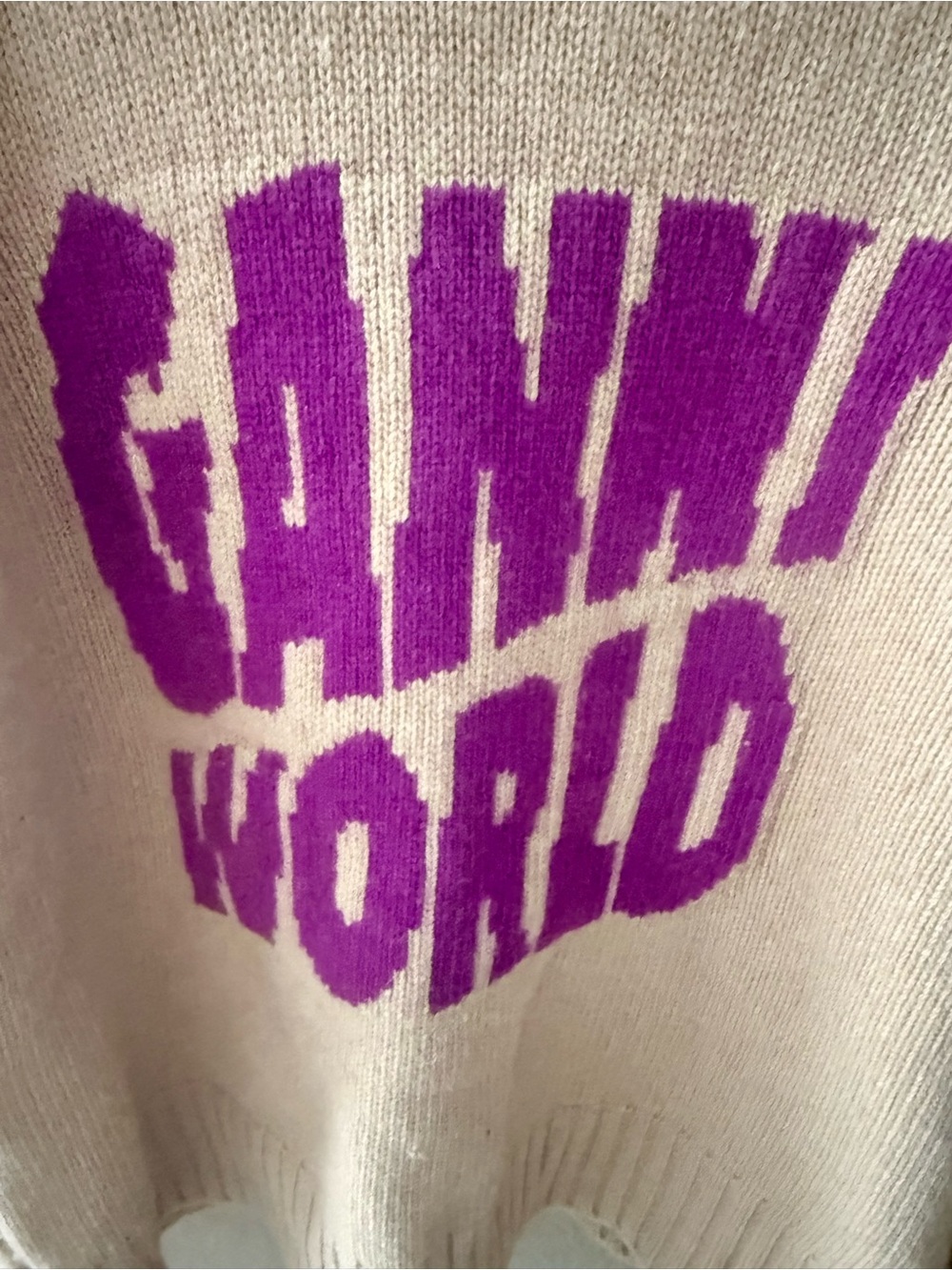GANNI World Logo Wool Blend Crewneck Sweater Beige Purple Size L - Picture 2 of 7